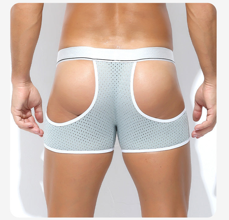 Low-Rise Men's Ice Silk Mesh Underwear with Side Slit – Breathable Hollow-Out Sexy Boxer Briefs (Separation Design)