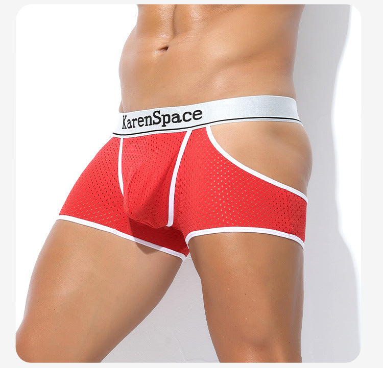 Low-Rise Men's Ice Silk Mesh Underwear with Side Slit – Breathable Hollow-Out Sexy Boxer Briefs (Separation Design)