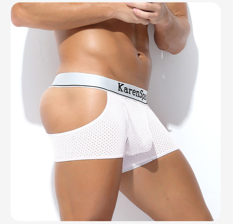 Low-Rise Men's Ice Silk Mesh Underwear with Side Slit – Breathable Hollow-Out Sexy Boxer Briefs (Separation Design)