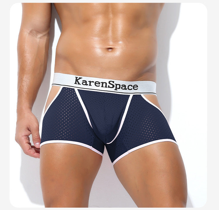 Low-Rise Men's Ice Silk Mesh Underwear with Side Slit – Breathable Hollow-Out Sexy Boxer Briefs (Separation Design)