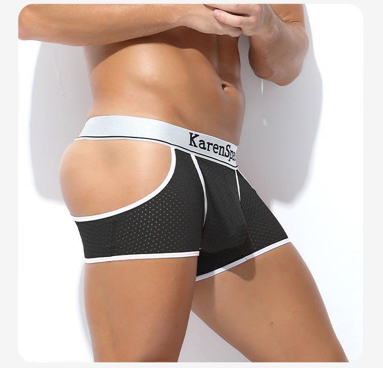Low-Rise Men's Ice Silk Mesh Underwear with Side Slit – Breathable Hollow-Out Sexy Boxer Briefs (Separation Design)